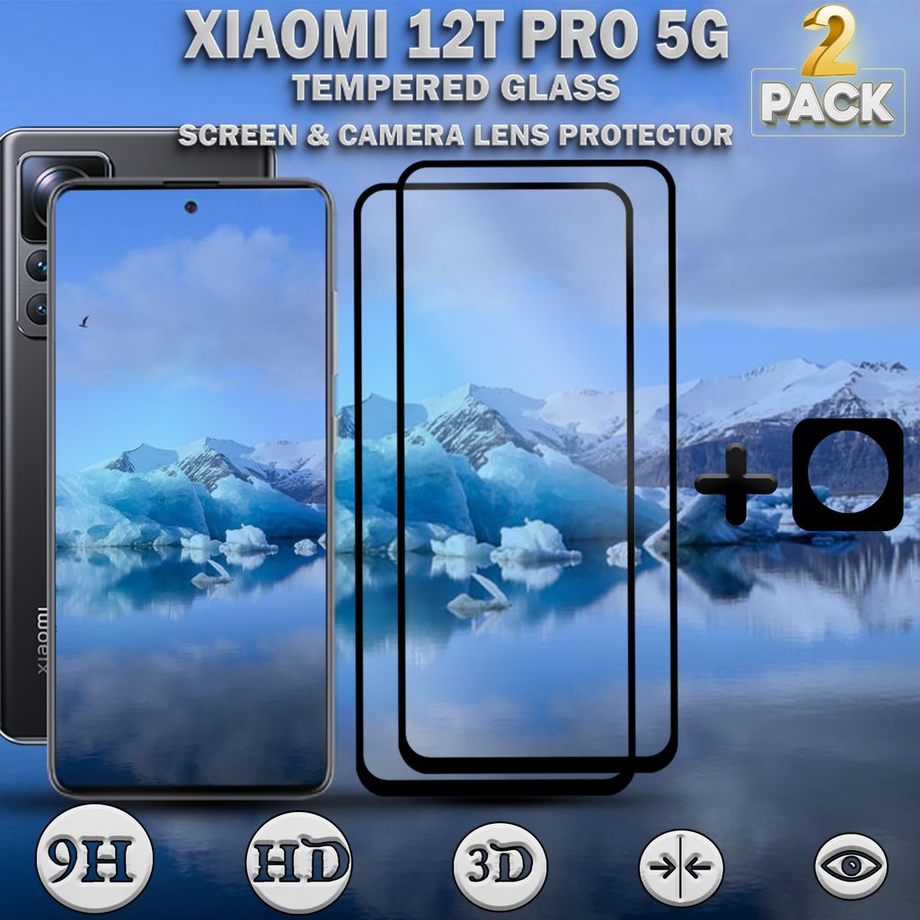 2-Stück Xiaomi 12T Pro 5G Displayschutzfolie und Objektivschutz aus gehärtetem Glas 9H