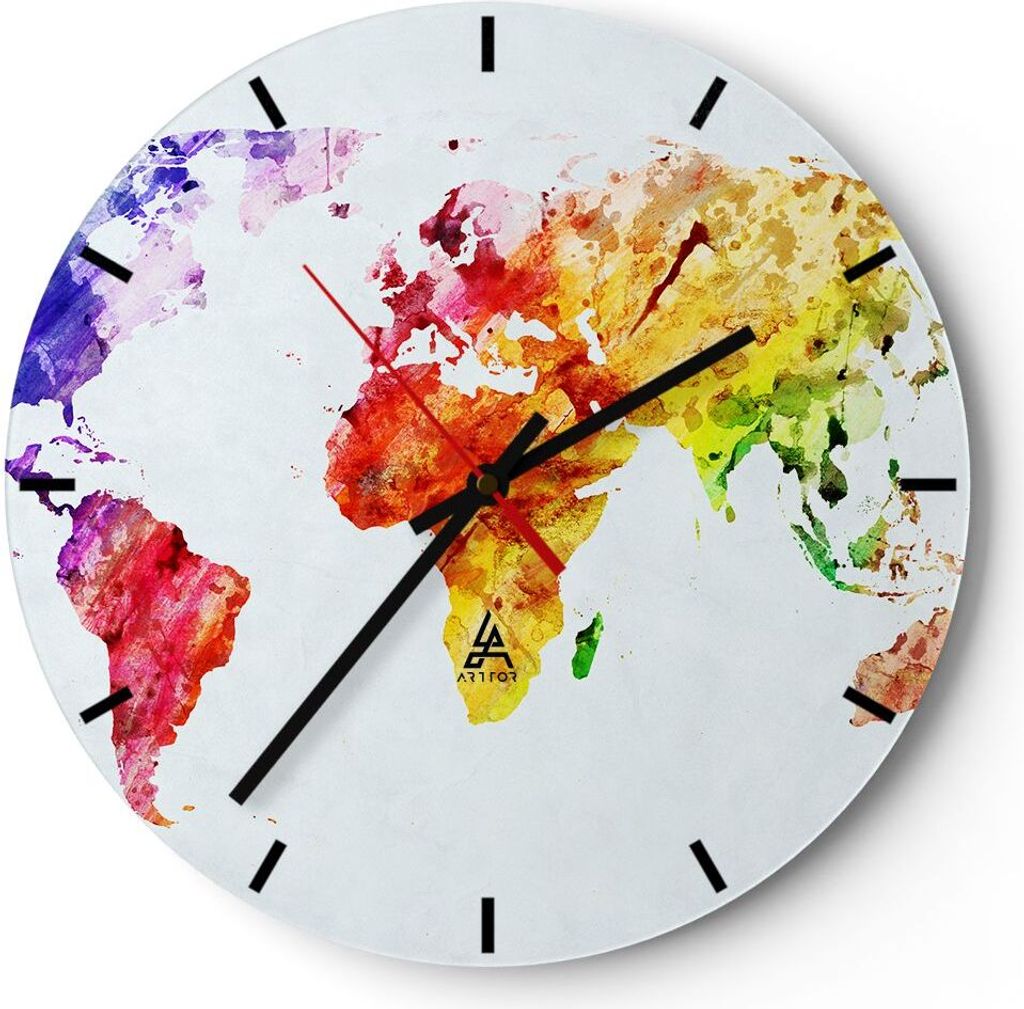 Wanduhr - Rund - Glasuhr - Welt Karte Bunt Kontinente - 40x40cm - Schleichendes Uhrwerk - Lautlos - zum Aufhängen bereit - Dekoration Modern - Wan...