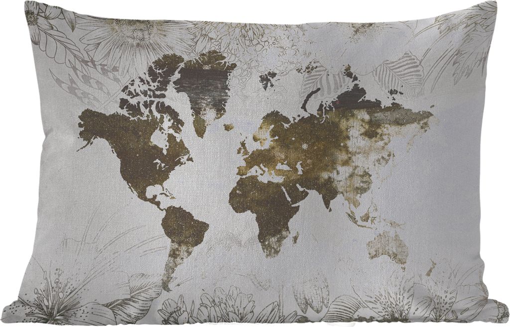 MuchoWow Outdoor Kissen - Weltkarte - Blumen - Gold - 50x30 cm - Wetterfest - Lounge Kissen - Sofa kissen - Wohnzimmer Dekoration