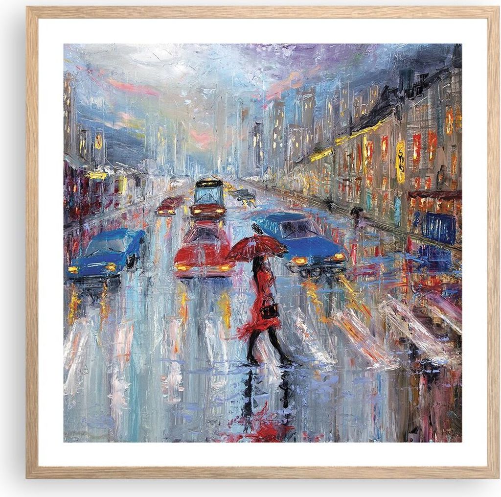 Gerahmtes Poster - Rahmen in heller Eiche - Acryl Stadt Regen - 60x60 cm - Wand Bild - Wanddeko - Wandbilder - Wandposter - Bilderrahmen - Bilder -...