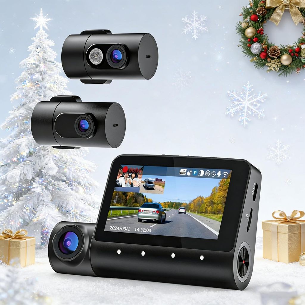 3-Kanal-Dashcam, 4K+1080P+1080P Dashcam Auto Vorne Innen Hinten GPS 5.2GHz WiFi, 3" IPS-Bildschirm 170°+150°+150°