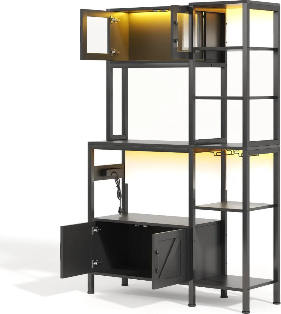 Buffet de cuisine ouvert 115cm Noir avec support micro-ondes et LED - 13
