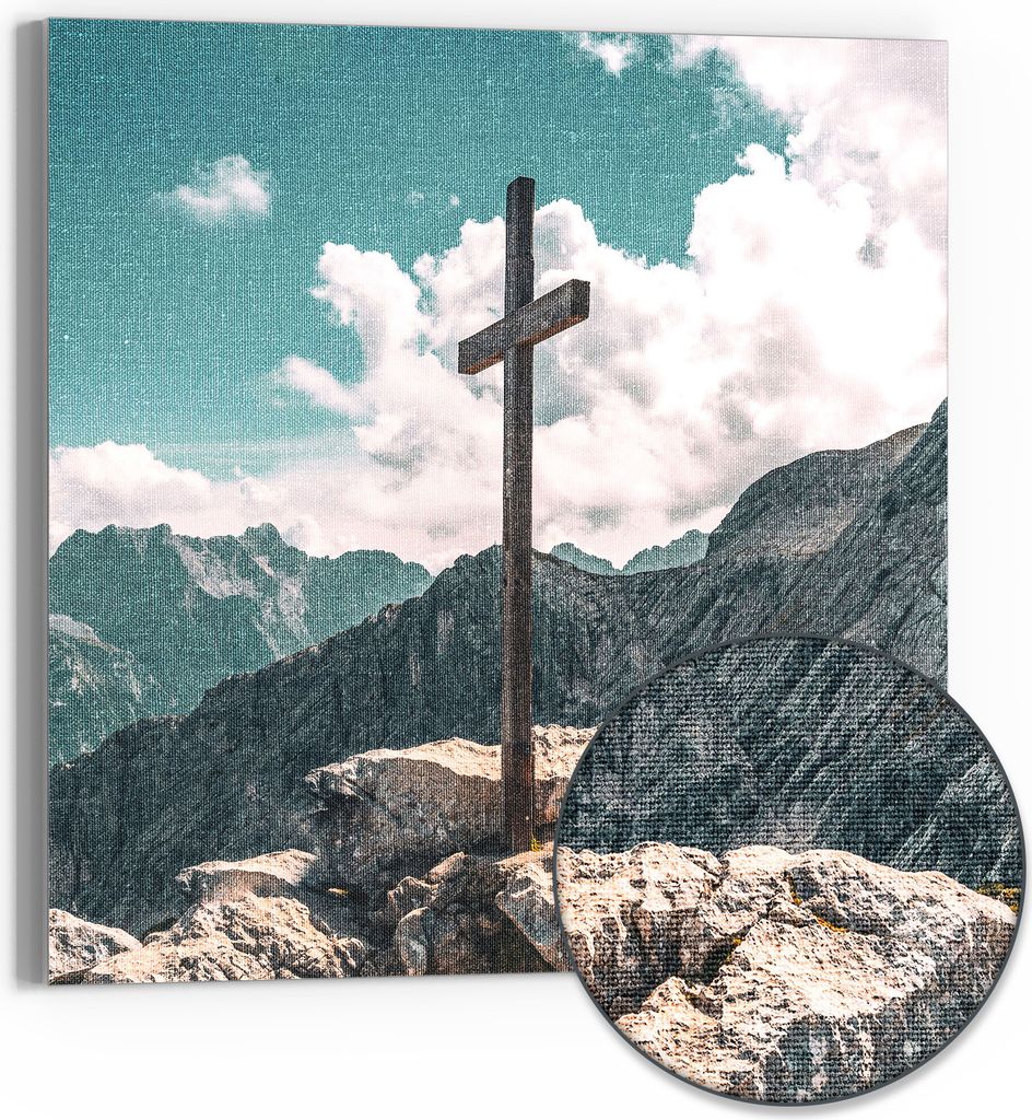 DEQOART Hybrid Leinwand Bild 50x50 cm 'Gipfelkreuzglanz' Wandbild Glas flach modern