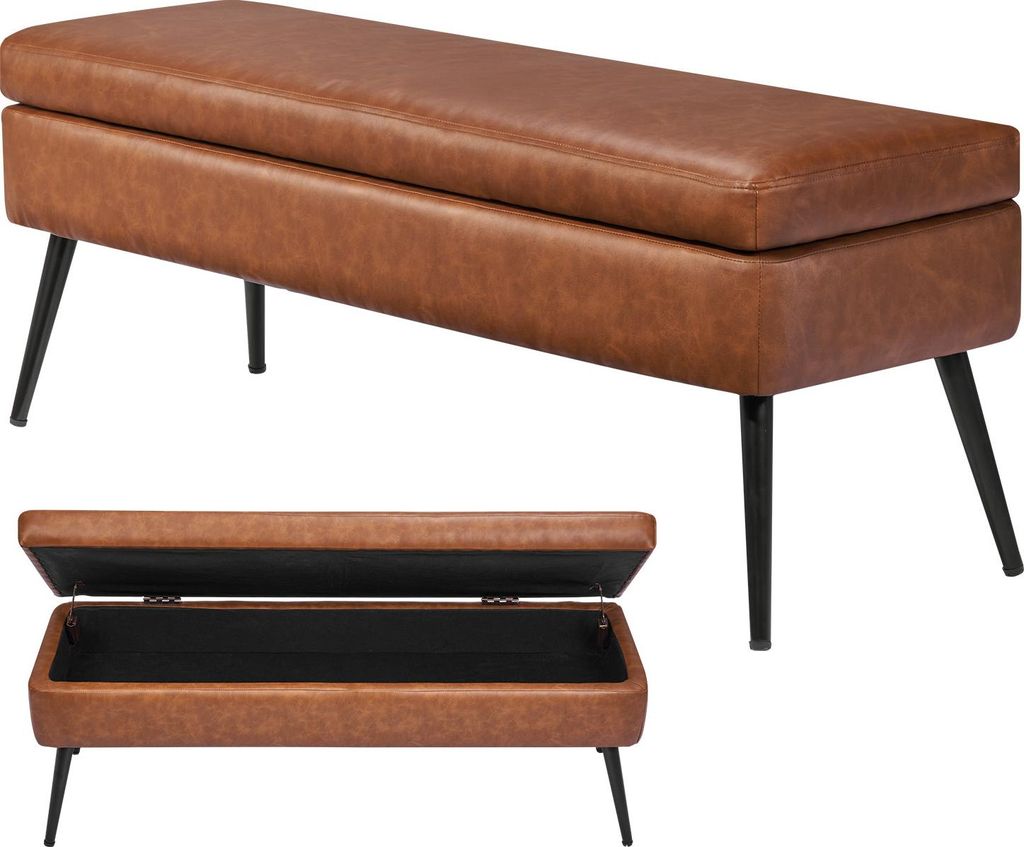 A brown faux leather storage bench with black metal legs is shown from two angles: one showing the bench closed and the other showing it open to reveal the storage compartment.