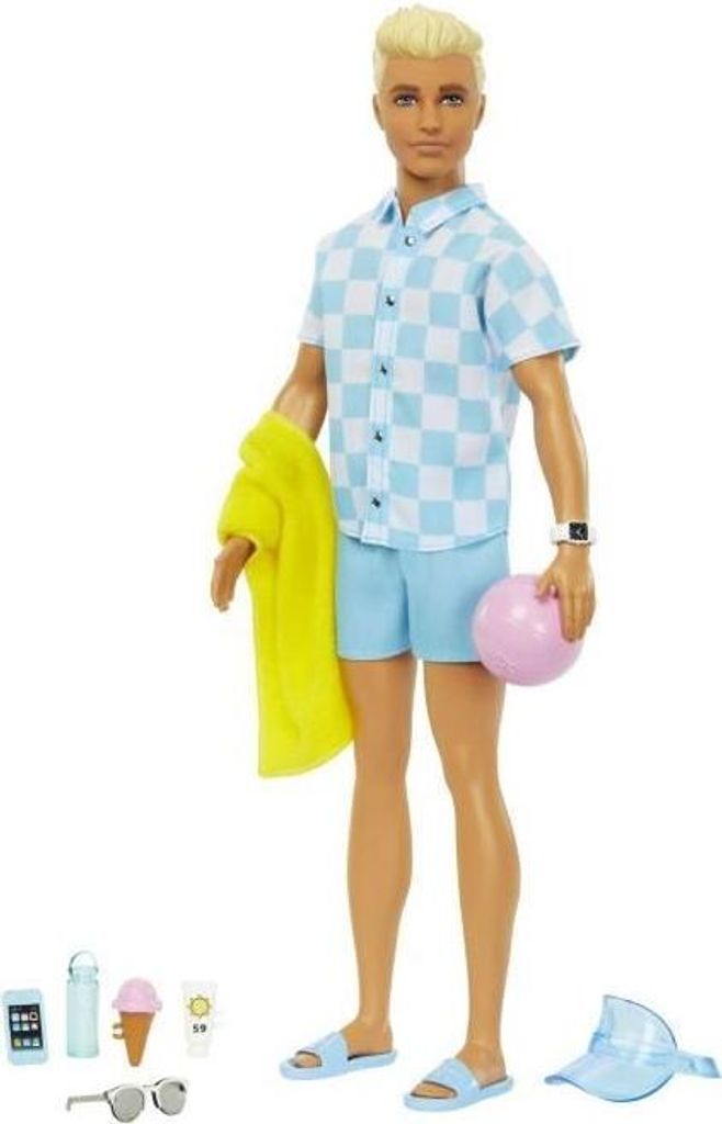 Barbie Ken Puppe, Blonde, Strandmode Blau, Strand Accessoires HPL74