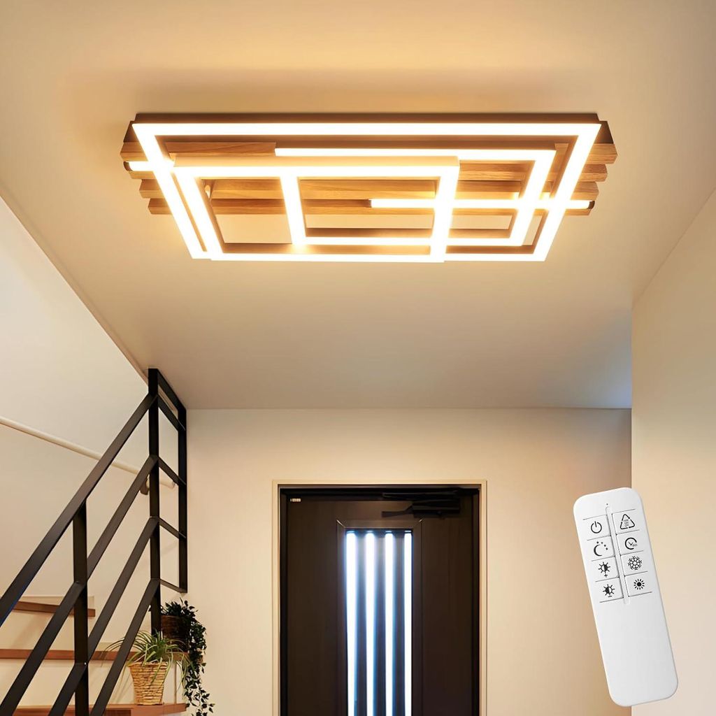 ZMH LED Deckenlamape 41W Holz Deckenleuchte Dimmbar 38CM Schlafzimmer Lampe 3 Ring wohnzimmerlampe Fernbedienung für Schlafzimmer Küche Esszimmer