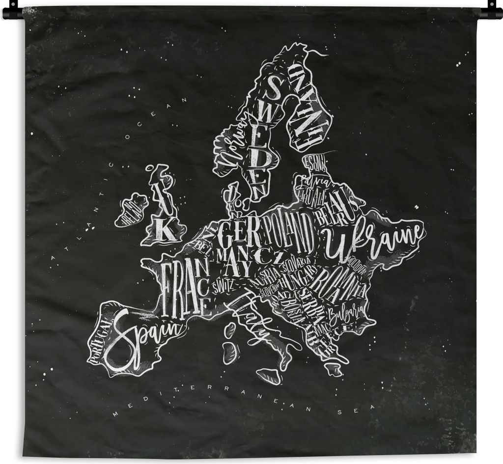 MuchoWow Wandteppich Wandbehang Karte - Europa - Schwarz - Weiß 120x120 cm Tapisserie Dekoration Wandtuch - Modern - Baumwollgewebe