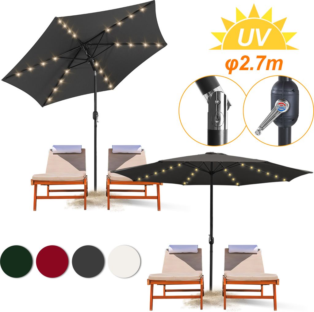 Aopunly Sonnenschirm Ø2.7m inkl. LED Gartenschirm 360° drehbar Terrassenschirm Ampelschirm Marktschirm Strandschirm - mit LED - Grau