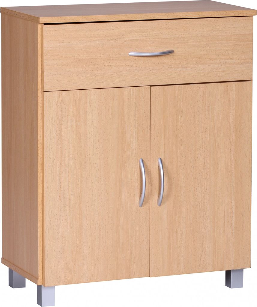 A light brown wooden sideboard with a drawer and two doors, standing on silver legs.