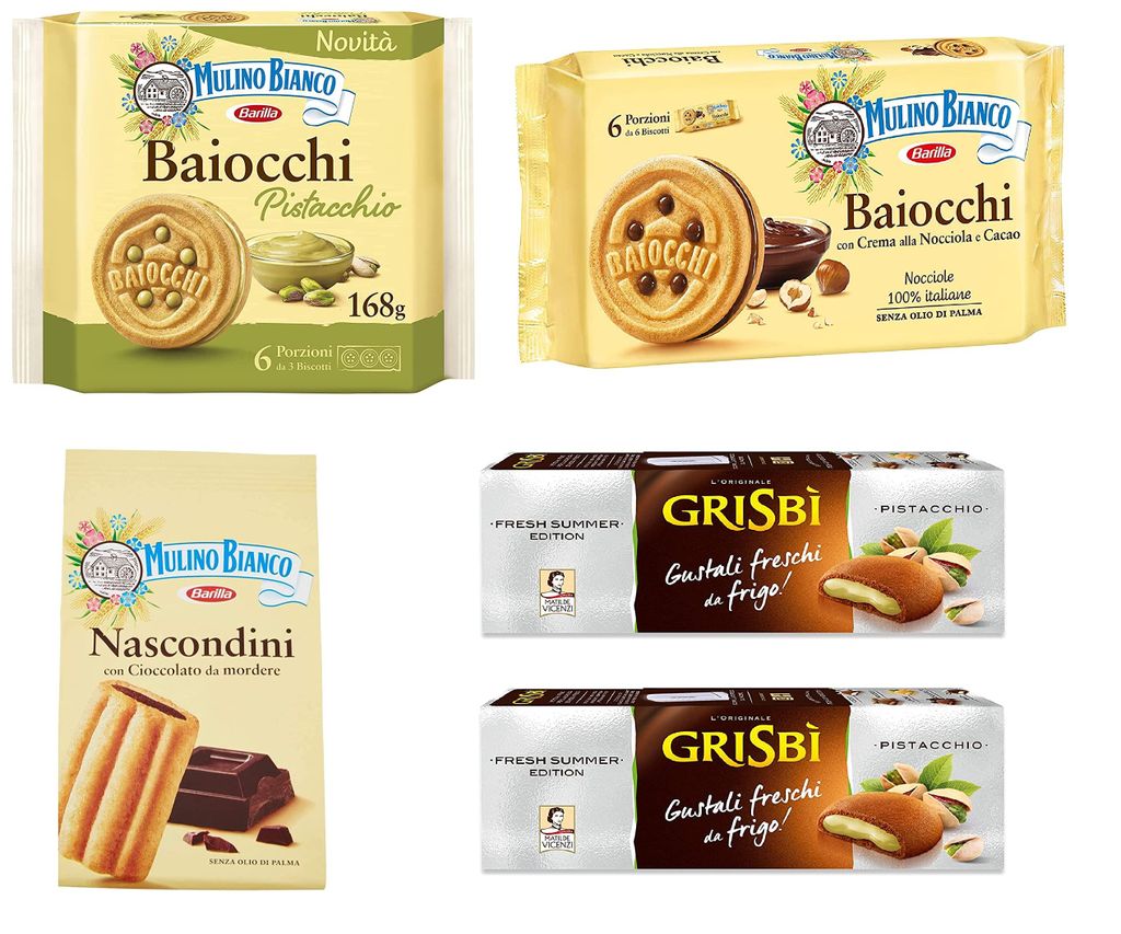 Testpaket Mulino Bianco Baiocchi kekse mit Pistazien 168g + Baiocchi nocciola + Nascondini 330g + 2x Matilde Vicenzi Grisbi Pistacchio kekse mit pi...