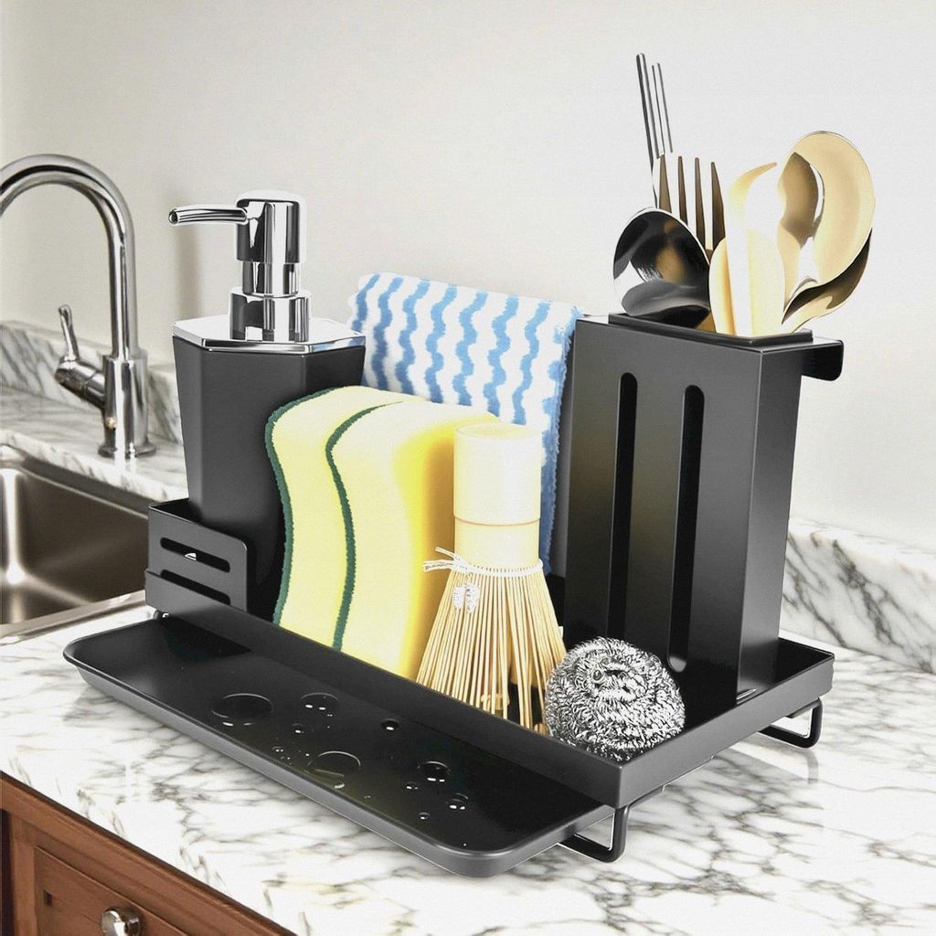 Küchen Organizer Spüle mit Abflusspfanne, Spülbecken Kitchen Sink Spülmittel Spülutensilien Aufbewahrung Organizer Schwarz, Schwammhalter, Was...