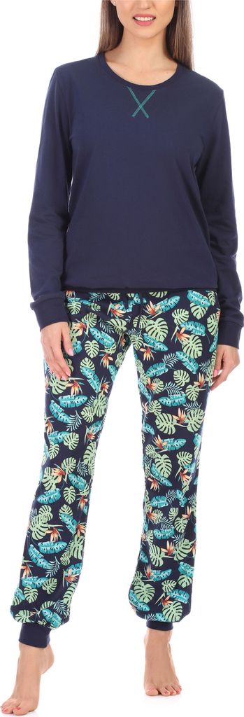 Merry Style Damen Schlafanzug Zweiteiler lang Pyjama Langarm Lange Hose mit Muster MS10-168 (Marineblau Blätter, S)