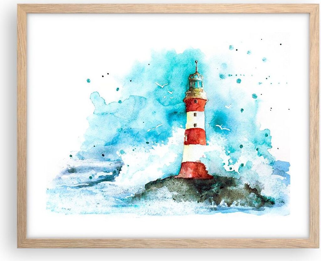 Gerahmtes Poster - Rahmen in heller Eiche - Leuchtturm Wasser Illustration Welle - 50x40 cm - Wand Bild - Wanddeko - Wandbilder - Wandposter - Bild...