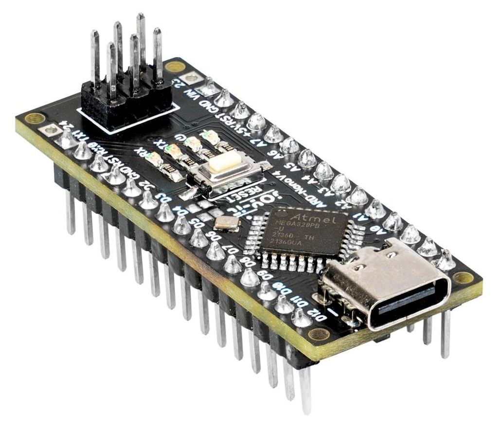 A close-up, angled view of an Arduino Nano V4 development board with a USB-C connector.