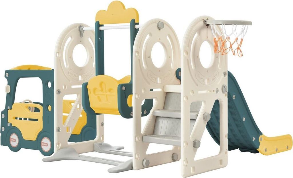 Rutsche für Kinder 5 in 1 Kinderrutsche Kombination mit Bus Schaukel Rutsche Trittleiter Basketballkorb und passendem Basketball Aus HDPE Gelb