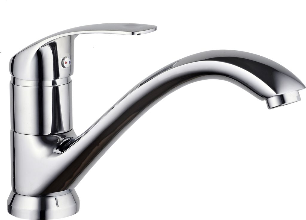 A studio shot of a chrome kitchen faucet against a white background.