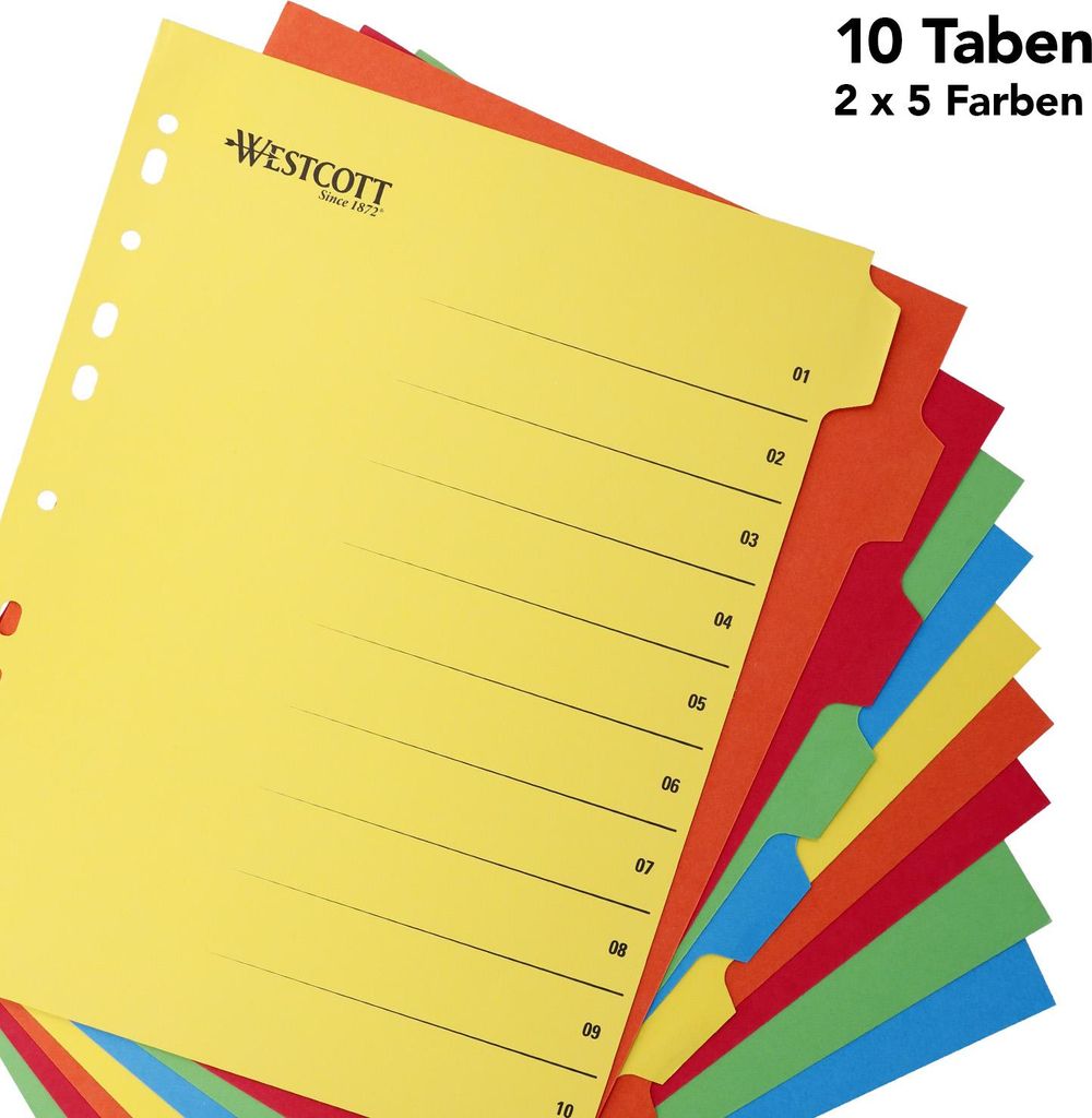 Register für Ordner A4 Karton 10 farbige Tabs in 5 FarbenMIX Eurolochung