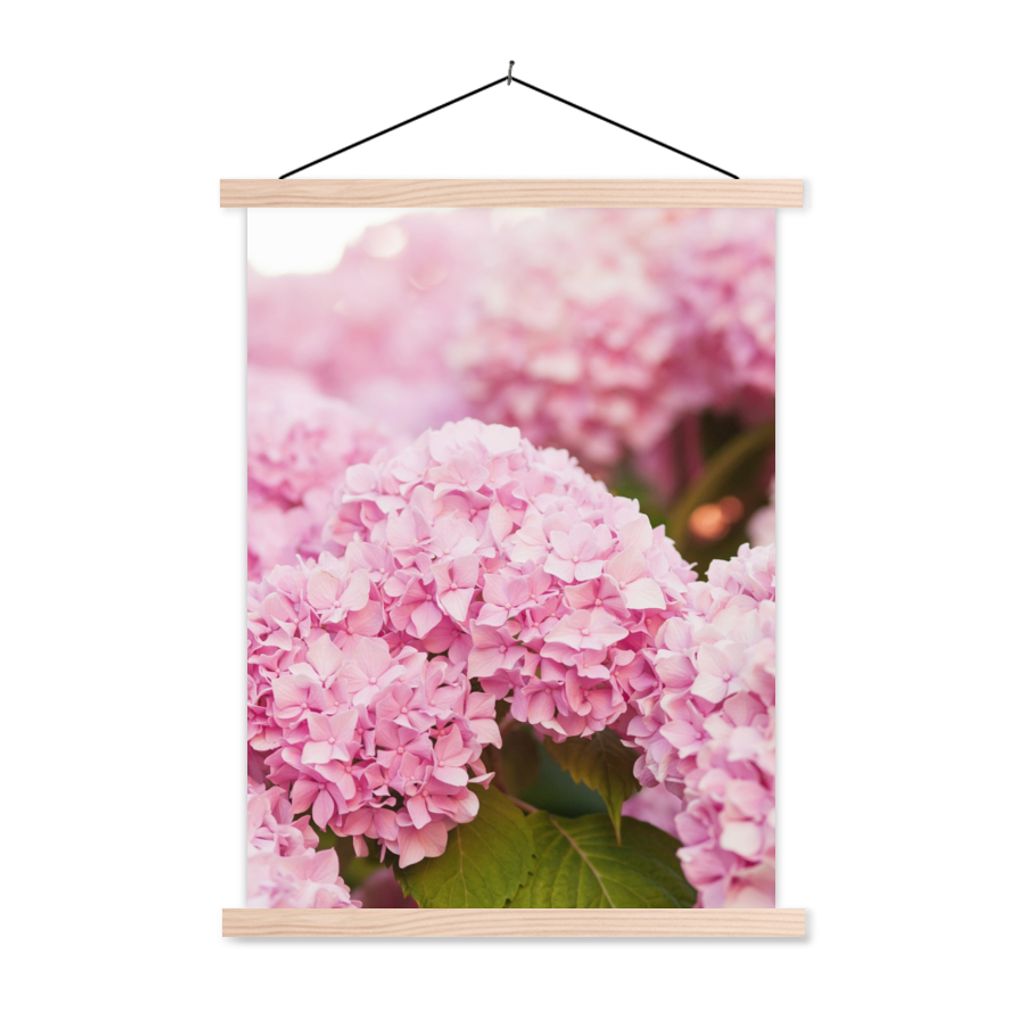 MuchoWow Textilposter Busch - Blumen - Rosa - Hortensie 60x80 cm mit holzfarbenen Rahmen - Wandbild