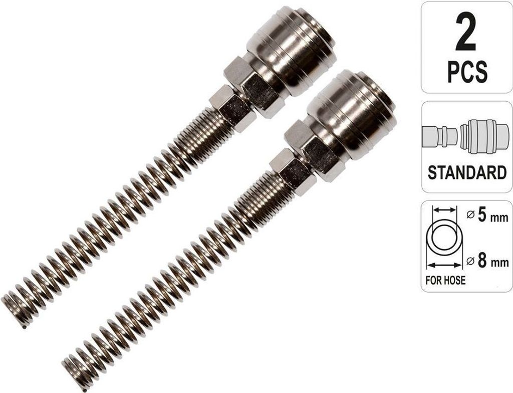 Druckluft Schnell-Kupplung 2 Stück 1/4' Einstecknippel Schlauchanschluss mit Knickschutz Innen-Ø 5-6mm, Aussen-Ø 8-10mm, Ausführung:Kupplung Fe...