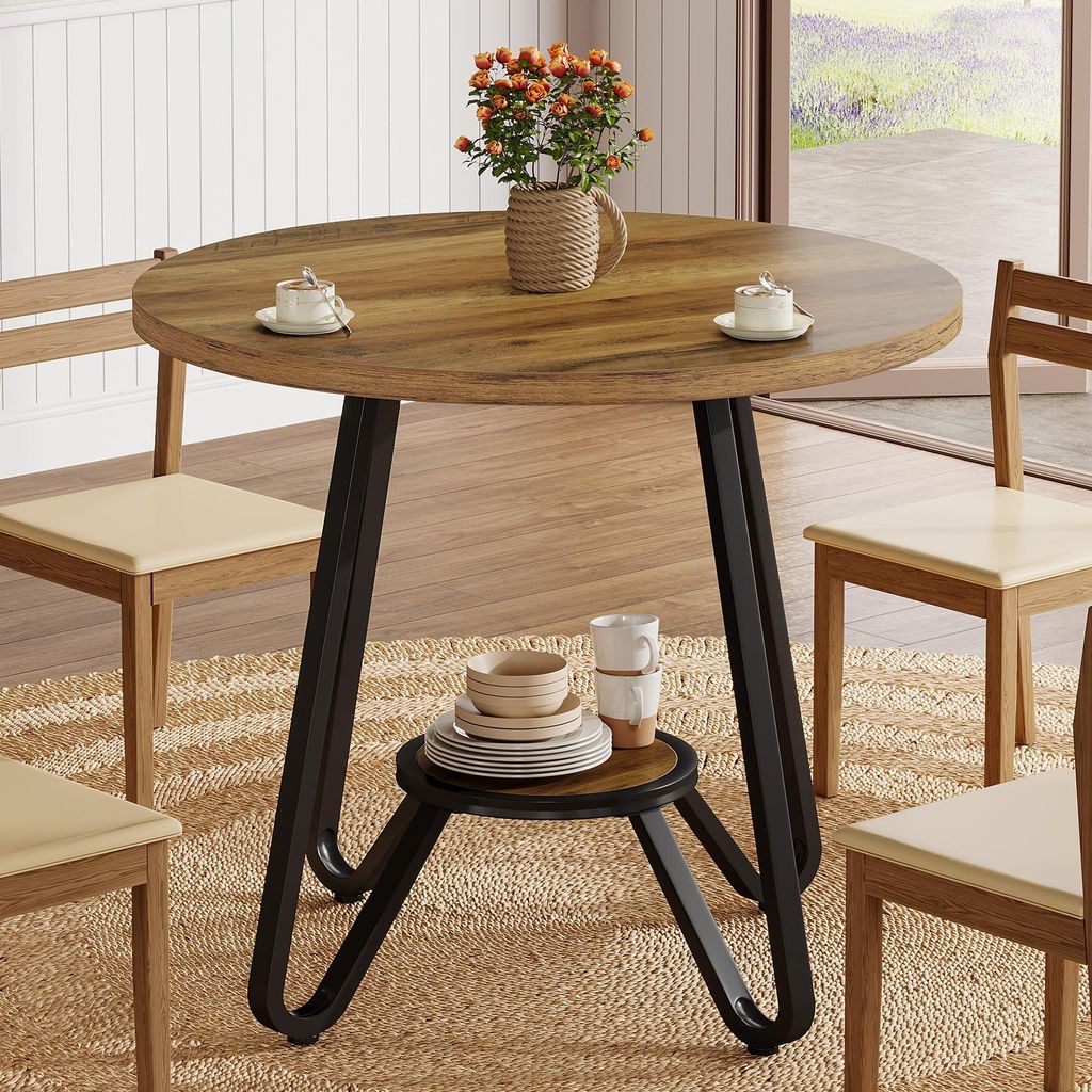 Tribesigns 80 cm runder Esstisch, mit Doppelablagen, kleiner Küchentisch für 2, Esstisch mit Metallfuß im Industrie-Stil, Esszimmer, Kaffee-Esst...