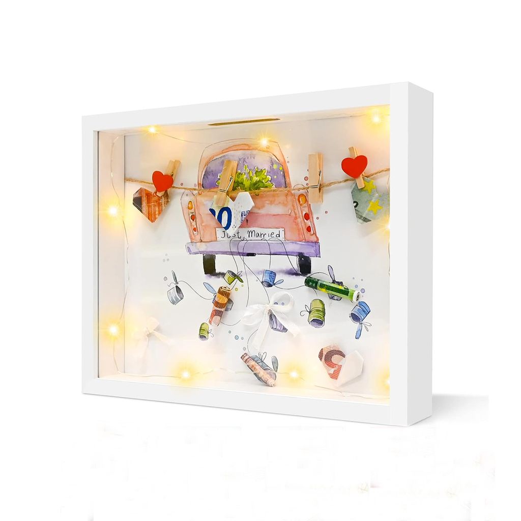 8 in 1 Bilderrahmen Spardose 3D Befüllen Spardose Geldgeschenk mit Licht und Plexiglas Sparbüchse Bilderrahmen Geld für Hochzeit Taufen Reisen