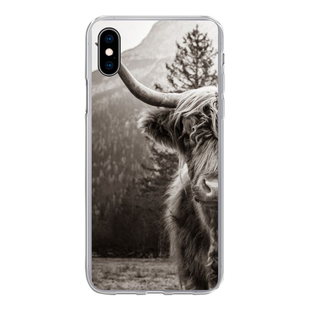 MuchoWow Handyhülle Schutzhülle Hülle für iPhone Xs Scottish Highlander - Stier - Schwarz - Weiß Silikon Softcase Handy Hülle - Handytasche