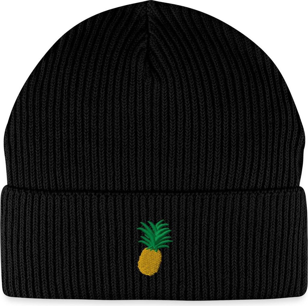 Spreadshirt Ananas Stickerei Fisherman Beanie Bio Mütze, One size, Schwarz