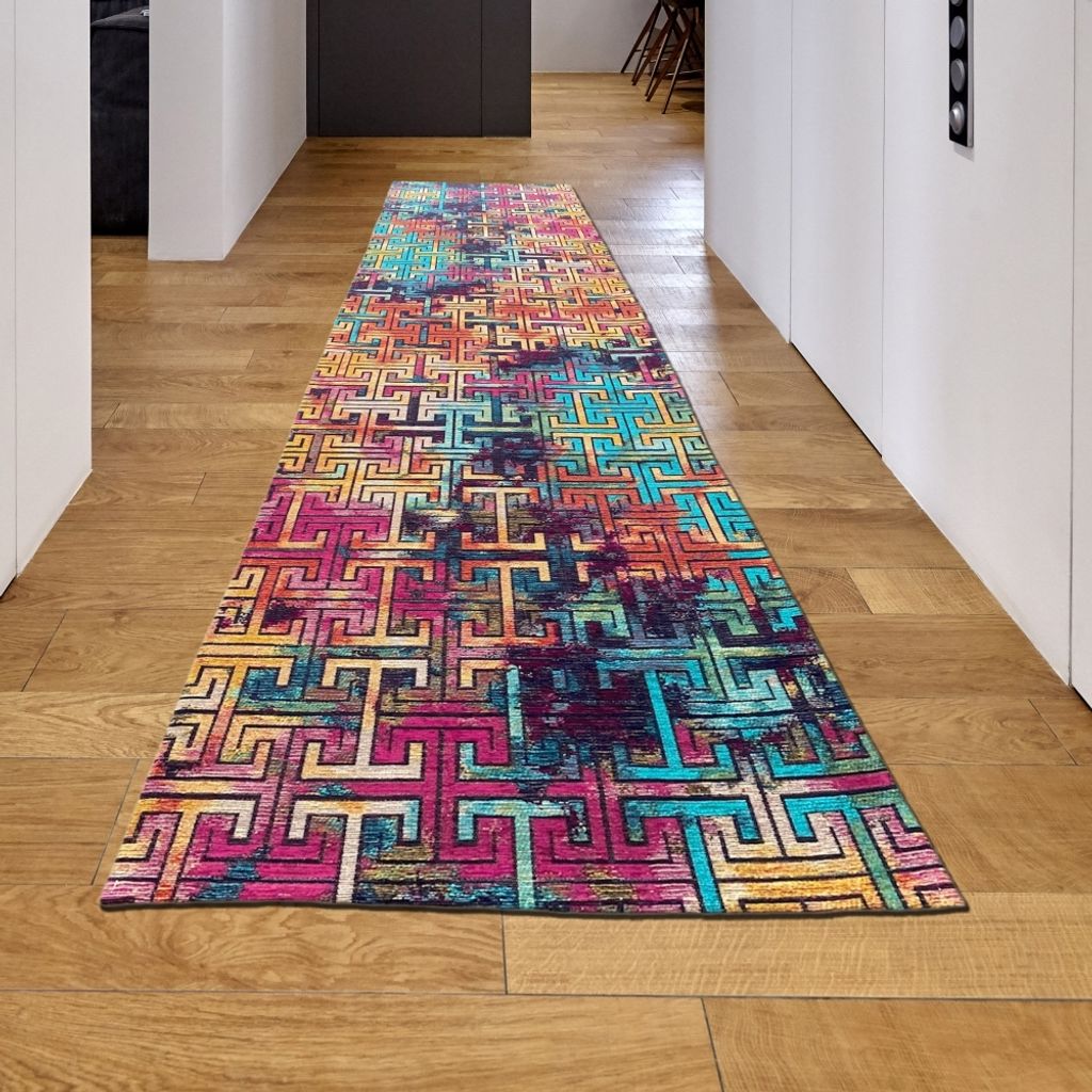 Wohnzimmer Teppich abstraktes Muster in bunt Größe - 80 x 300 cm
