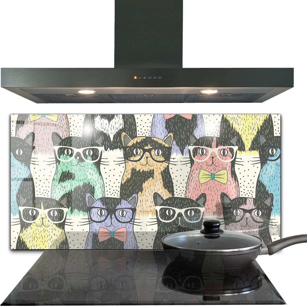 Spritzschutz aus Glas Küchenrückwand - Wandschutz für Herd und Spüle - 120x60 cm - Hipster Katze Lustige Illustration