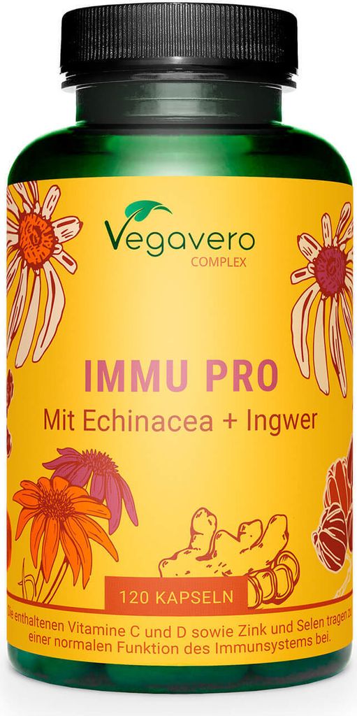 Vegavero Immu Pro Complex | 120 Kapseln | mit Acerola, Echinacea, Ingwer, Vitamin D3, Zink & Selen | vegan