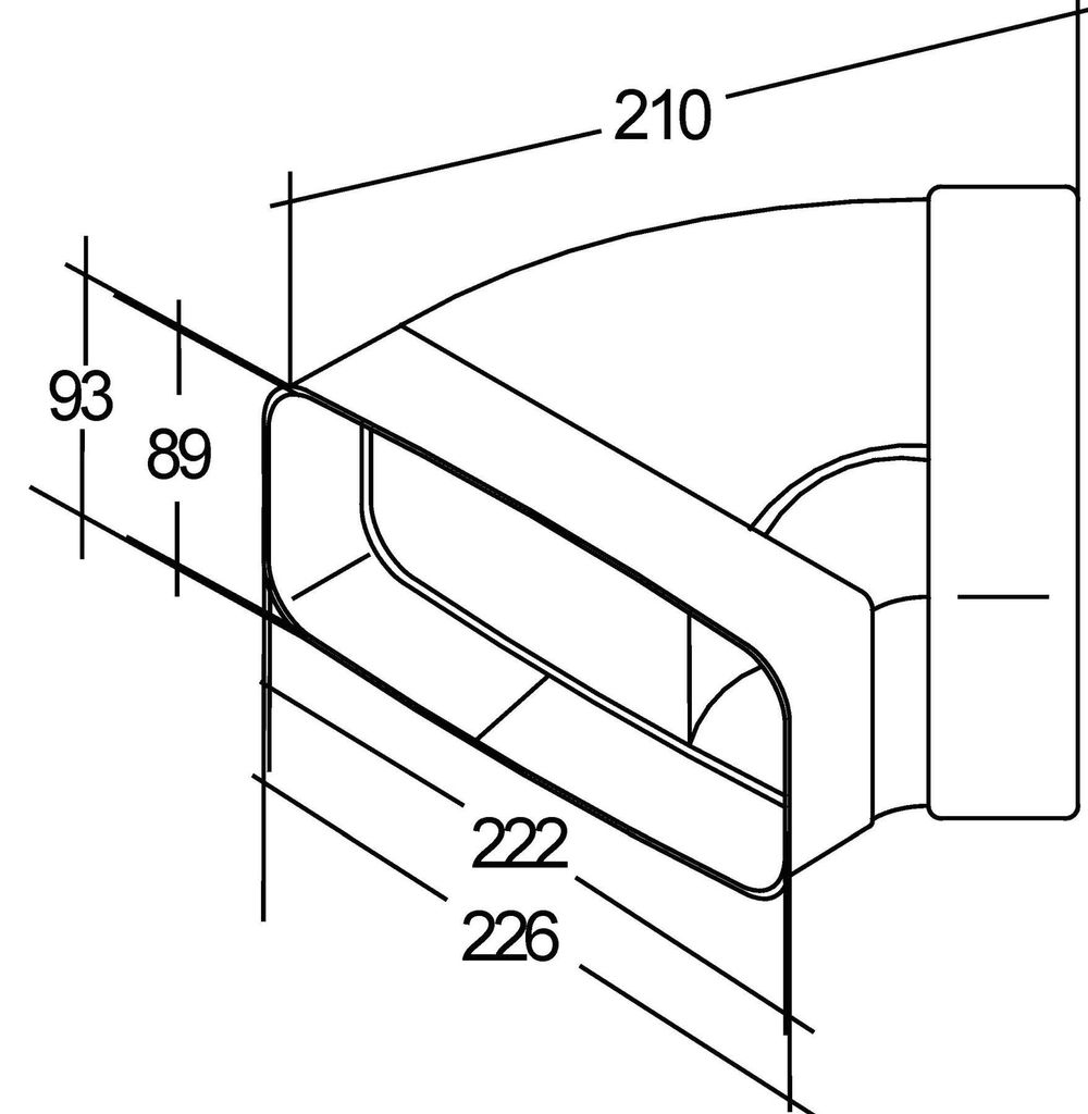 Plat kanaal 222x89mm met mof 45° horizontale bocht Productafbeelding 