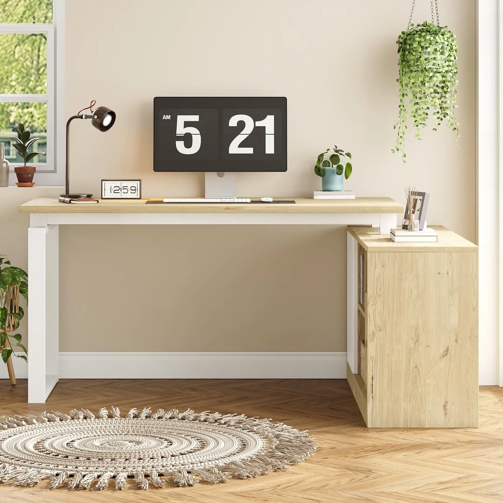 Bureau d'angle avec rangements intégrés, meuble informatique gain de place