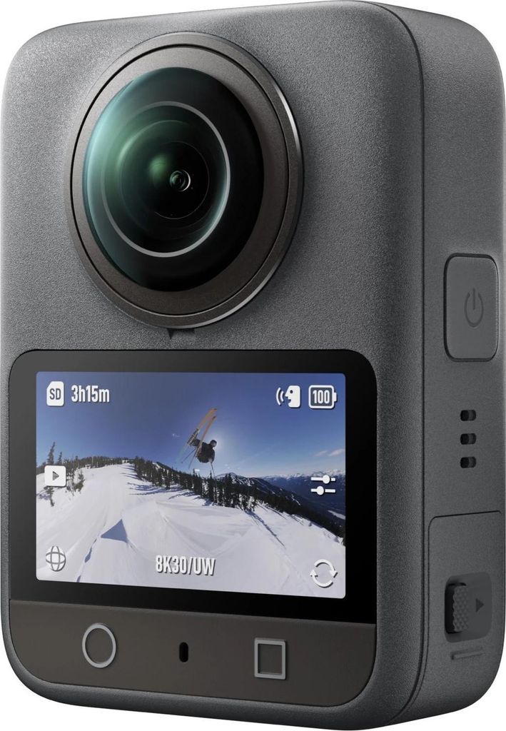 A 360-degree action camera is shown from a front-facing angle.