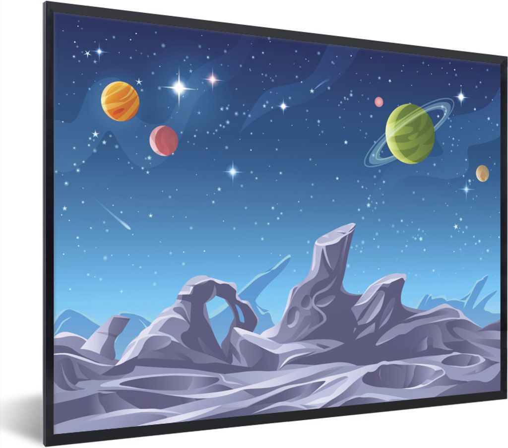 MuchoWow Gerahmtes Poster Eine Illustration einer Mondoberfläche mit sichtbaren Planeten 80x60 cm - Poster mit Schwarzem Bilderrahmen Wandposter...