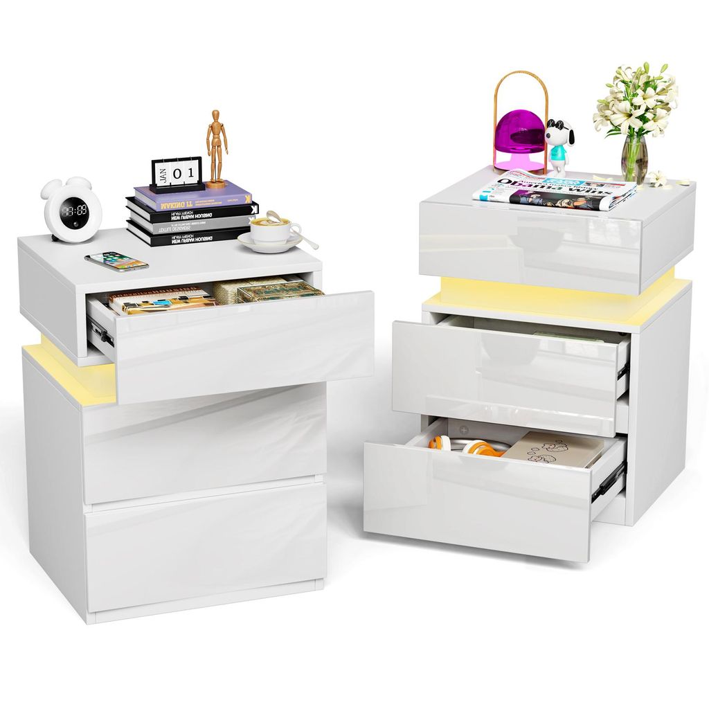 2x Nachttisch,Nachtschrank mit LED Licht,Nachtkommode mit 3 Schubladen,Weiß Hochglanz Beistelltisch Sofatisch für Wohnzimmer,Schlafzimmer 35x40x55cm