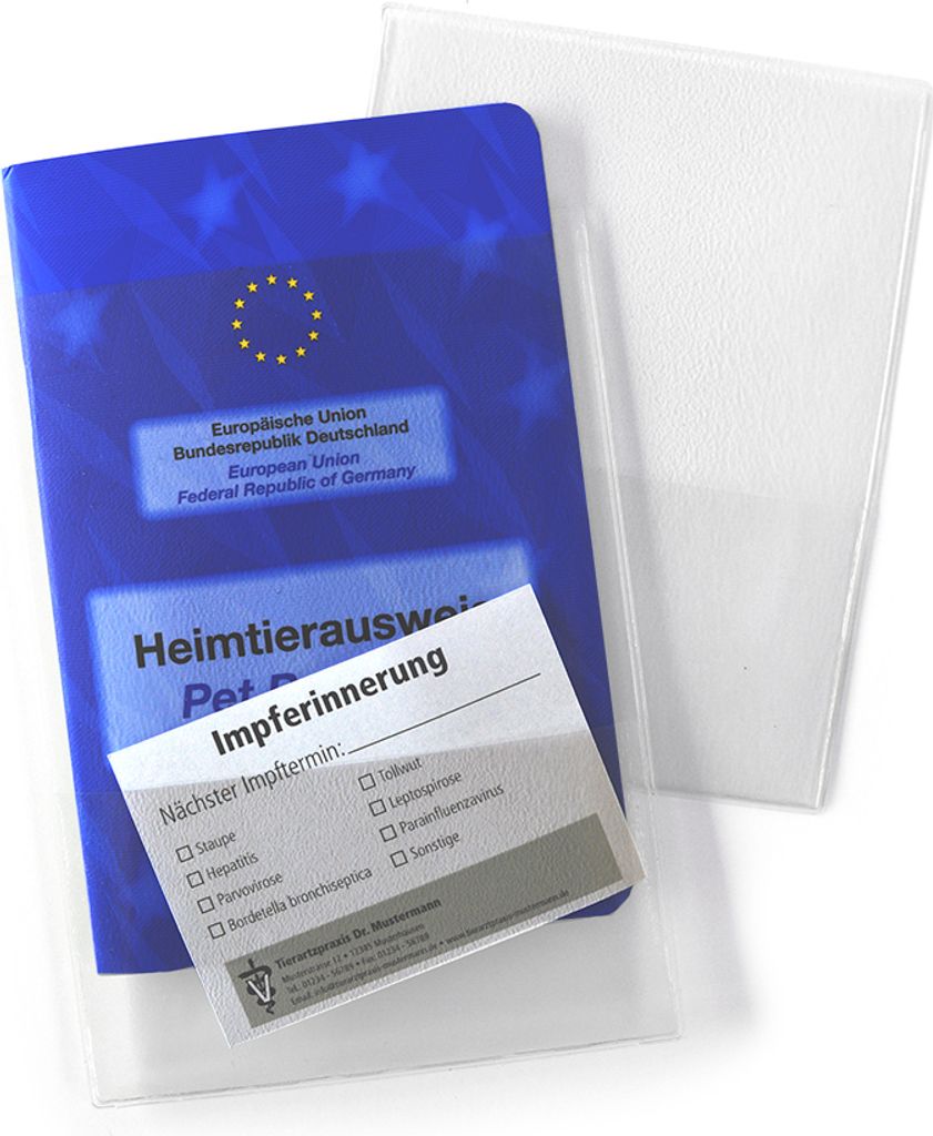 Vorteilspack 10x Einsteckhülle für Tierimpfpässe mit zusätzlicher Visitenkartehülle - Schutzhülle passend für alle Tierpässe & EU-Heimtiera...