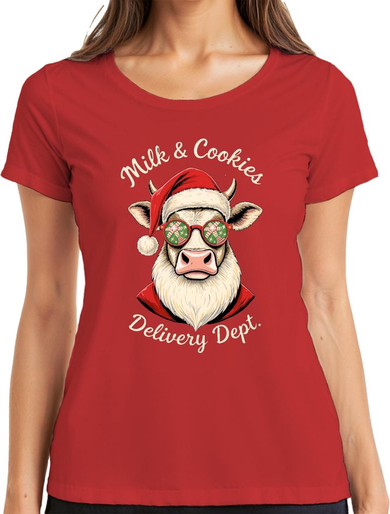 Milk & Cookies Delivery Dept Weihnachtskuh Brille Lustig Damen T-Shirt, Rot, 3XL