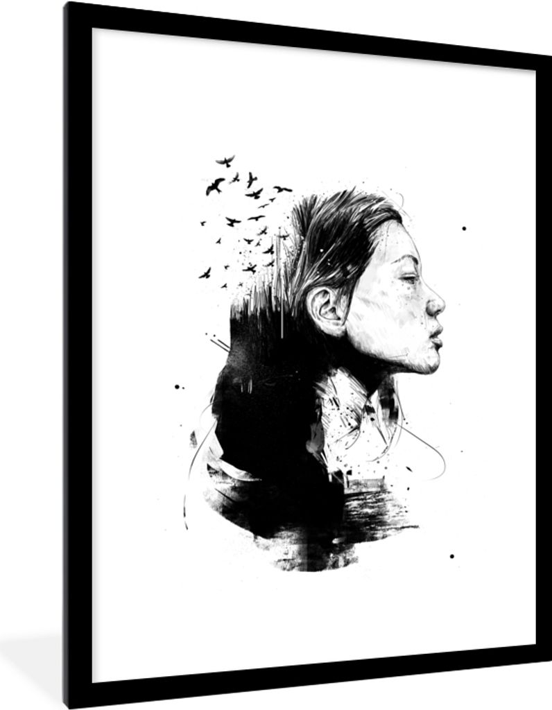 MuchoWow Gerahmtes Poster Frau - Vögel - Schwarz und weiß 60x80 cm - Poster mit Schwarzem Bilderrahmen Wandposter Rahmen Foto Bilder - Wohnzimm...