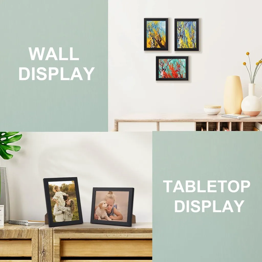 PHOTOLINI Set di 7 cornici nero legno MDF, cornici larghe, moderne, plexiglass infrangibile, da tavolo o da parete, accessori extra - per una parete dal look raffinato