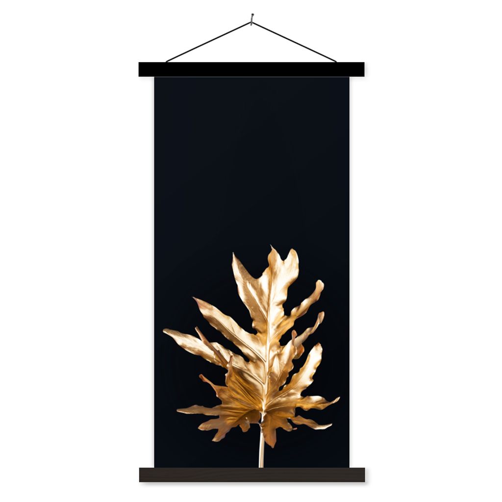 MuchoWow Textilposter Blätter - Gold - Herbst - Natur - Luxus 60x120 cm mit schwarzem Rahmen - Magnete