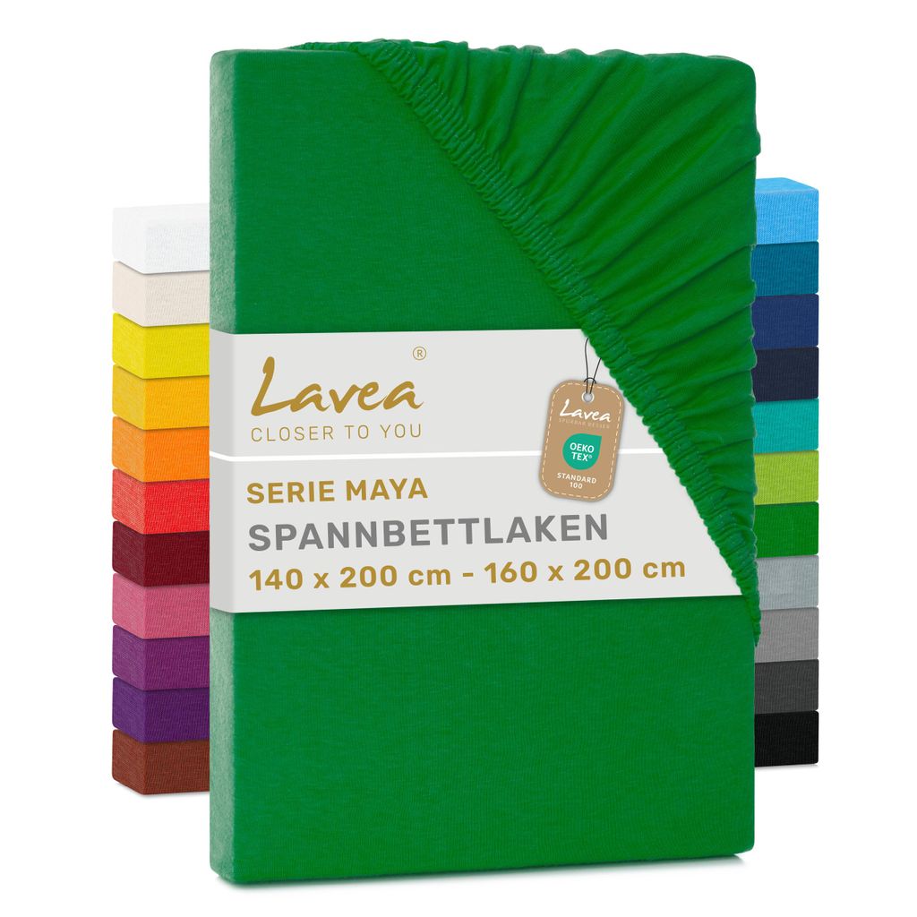 Lavea Spannbettlaken 140x200cm - 160x200cm Maya Jersey, Bettlaken 100% Baumwolle, Matratzen bis 20 cm, Spannbetttücher, Waldgrün