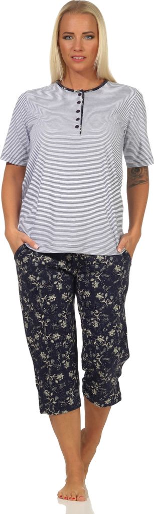 Normann Damen Capri Schlafanzug kurzarm Pyjama, Oberteil gestreift, Hose Blümchenmuster ; weiss , 40