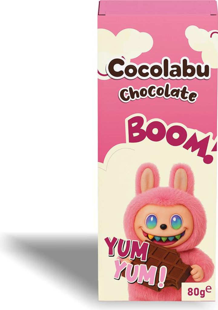 A product package for Cocolabu Chocolate Boom! Yum Yum! featuring a cartoon character holding a chocolate bar.