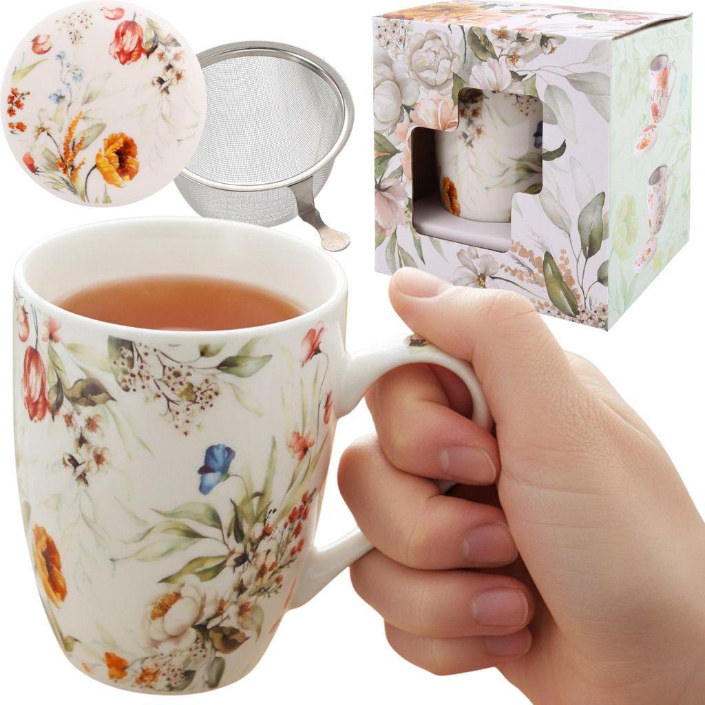 Teeset: Porzellanbecher 340 ml mit Teesieb und Deckel FÜR KRÄUTERTEE, als GESCHENK VERPACKT