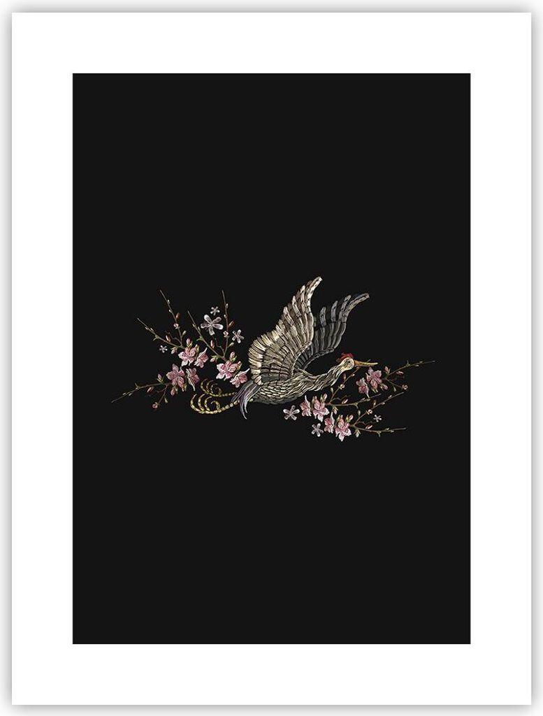 Poster - Poster ohne Rahmen - Asiatisch Vogel Blumen - 30x40 cm - Wand Bild - Wanddeko - Wandbilder - Kunstposter - Wandposter - Bilder - Kunstdruc...