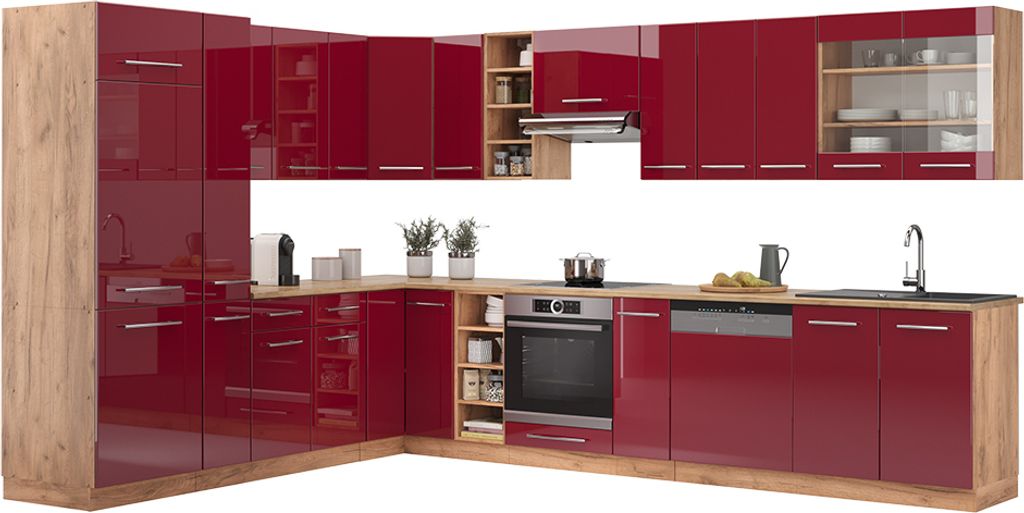 Eckküche Vicco Fame-Line Bordeaux Hochglanz/Goldkraft Eiche 347 x 46 cm ohne Arbeitsplatte, Model 38701
