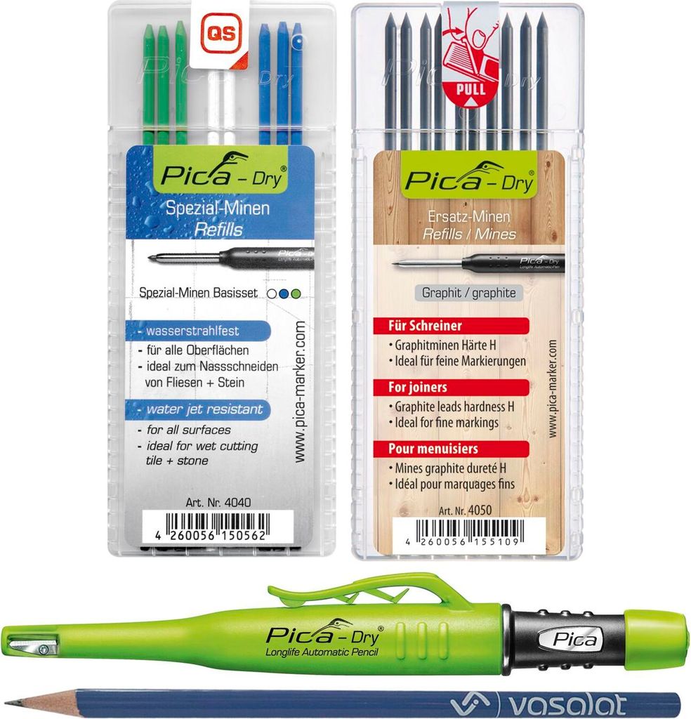 Pica Marker Set - Pica Dry Tieflochmarker + 10 Ersatzminen Härte H + 8 Ersatzminen wasserstrahlfest in blau/weiß/grün