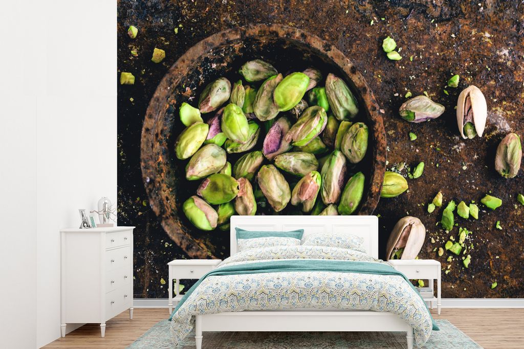 MuchoWow Fototapete für Wohnzimmer oder Schlafzimmer Wandtapete Vinyl Motivtapete Künstlerische Darstellung der grünen Pistazie in einer dunke...