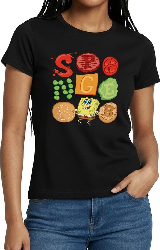Spreadshirt Spongebob Schwammkopf Burger Zutaten Design Frauen T-Shirt, XL, Schwarz