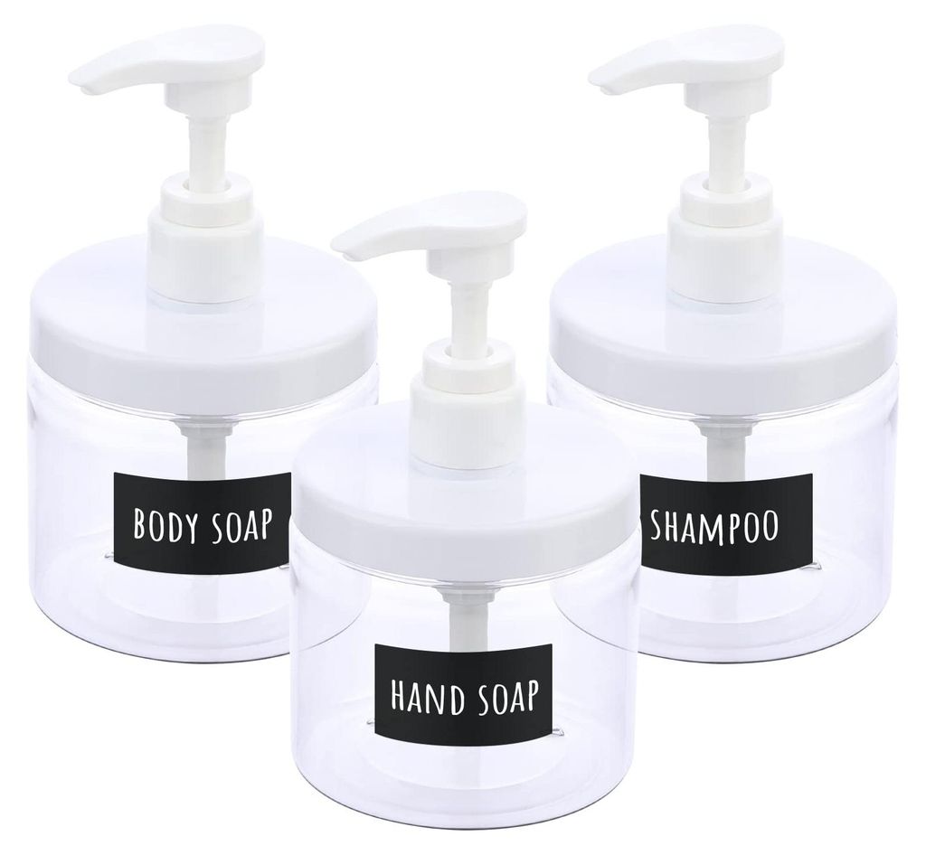 Shampoo-Spender, 3-teilig, 500-ml-Shampooflaschen zum Nachfüllen, Seifenspender mit wasserfestem Etikett, Kunststoffpumpe, als Wohnaccessoire und ...